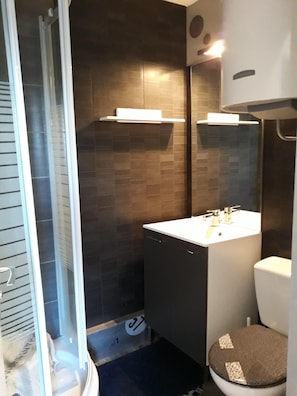 Shower, hair dryer, soap, shampoo