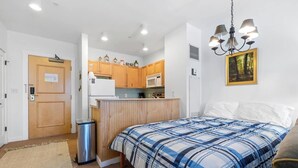 Una habitación compacta con cama, kitchenette, un cubo de basura y una araña.