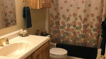 Combined shower/bathtub, hair dryer, towels