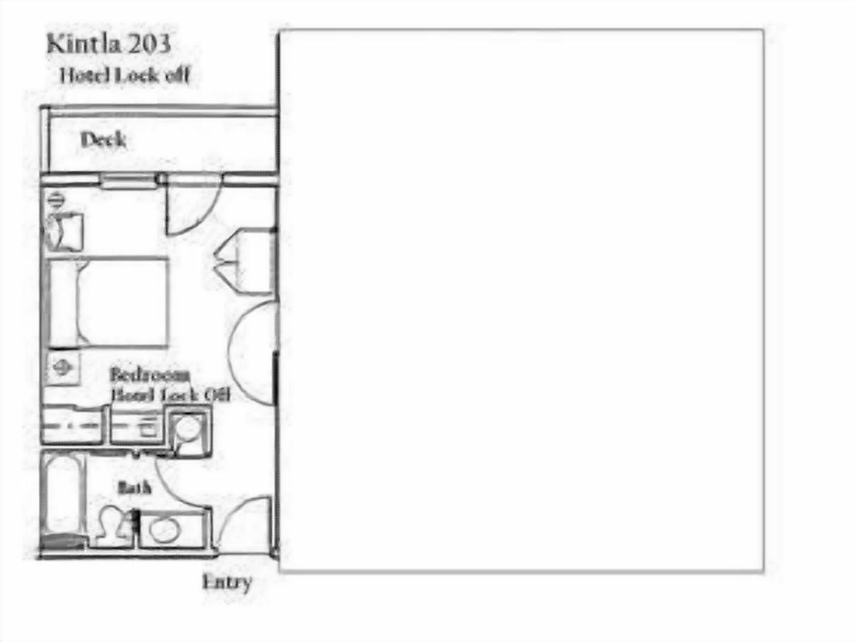 A hotel layout with a deck, bedroom, bathroom, and entry.