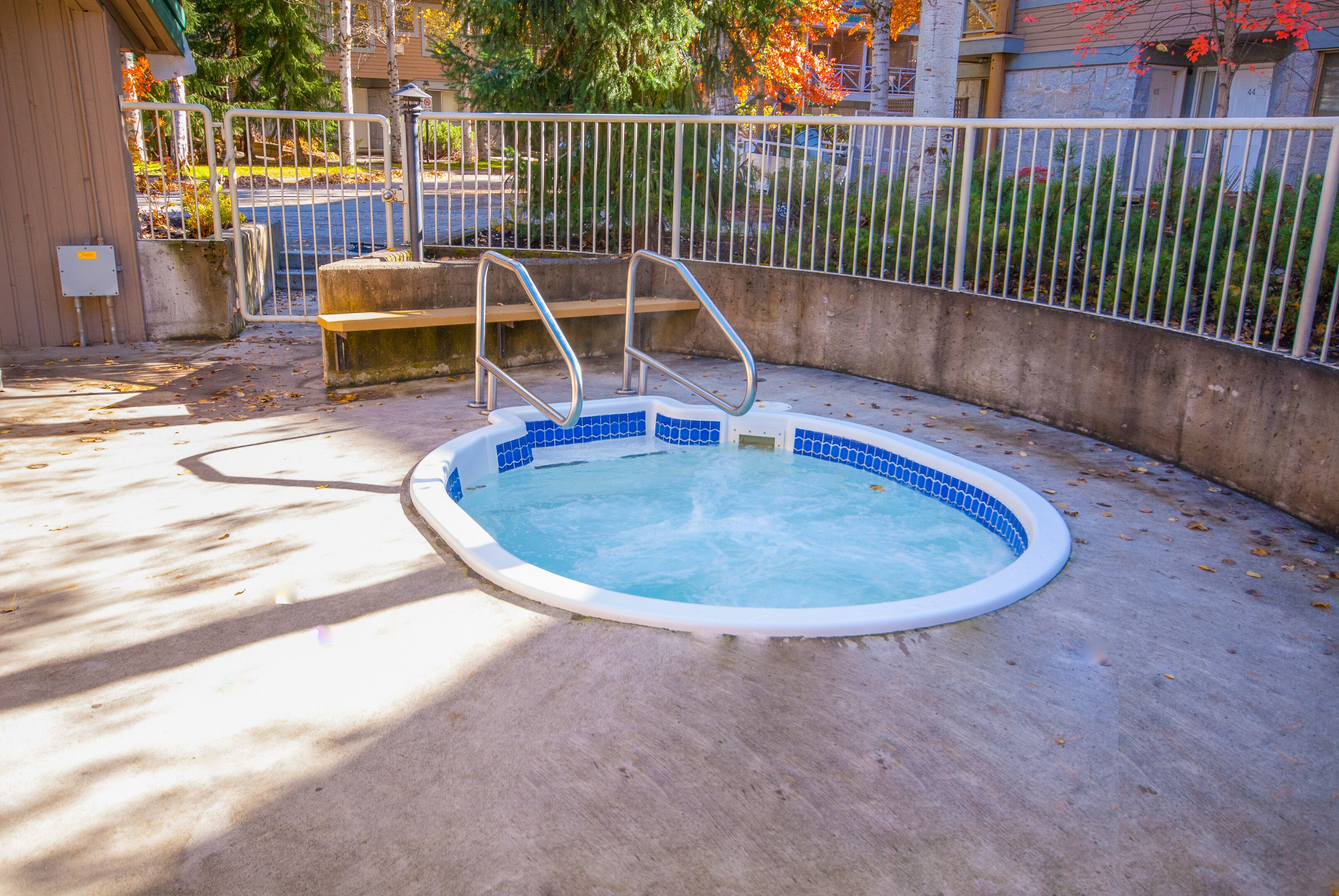 An outdoor swimming pool with a metal ladder and a concrete deck.
