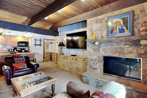 TV, fireplace, DVD player, video library