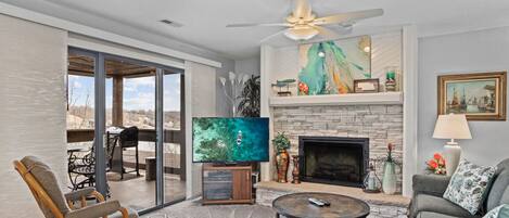 TV, fireplace, DVD player, stereo