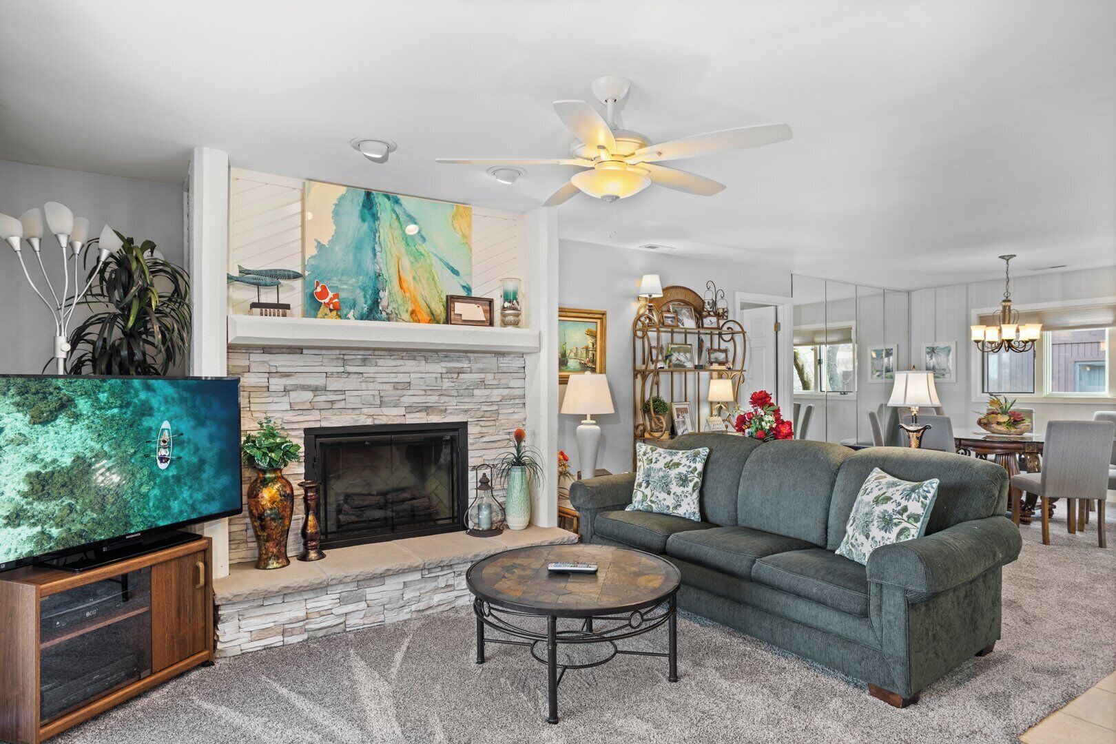 TV, fireplace, DVD player, stereo