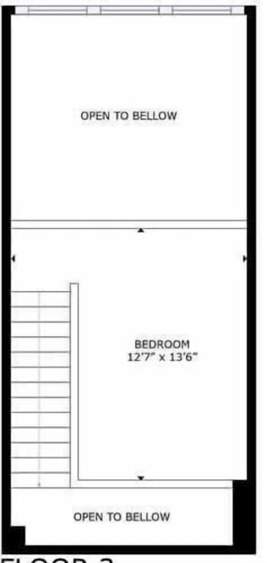 Ein Grundriss mit einem Schlafzimmer von 3,8 x 4,1 Metern, offenen Bereichen mit der Aufschrift 'OPEN TO BELLOW' und einer Treppe.