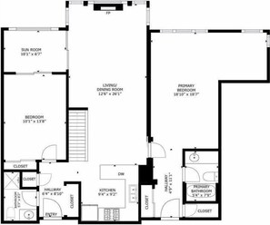 Ein Grundriss mit Wintergarten, Wohn-/Essbereich, Hauptschlafzimmer und einem Badezimmer.