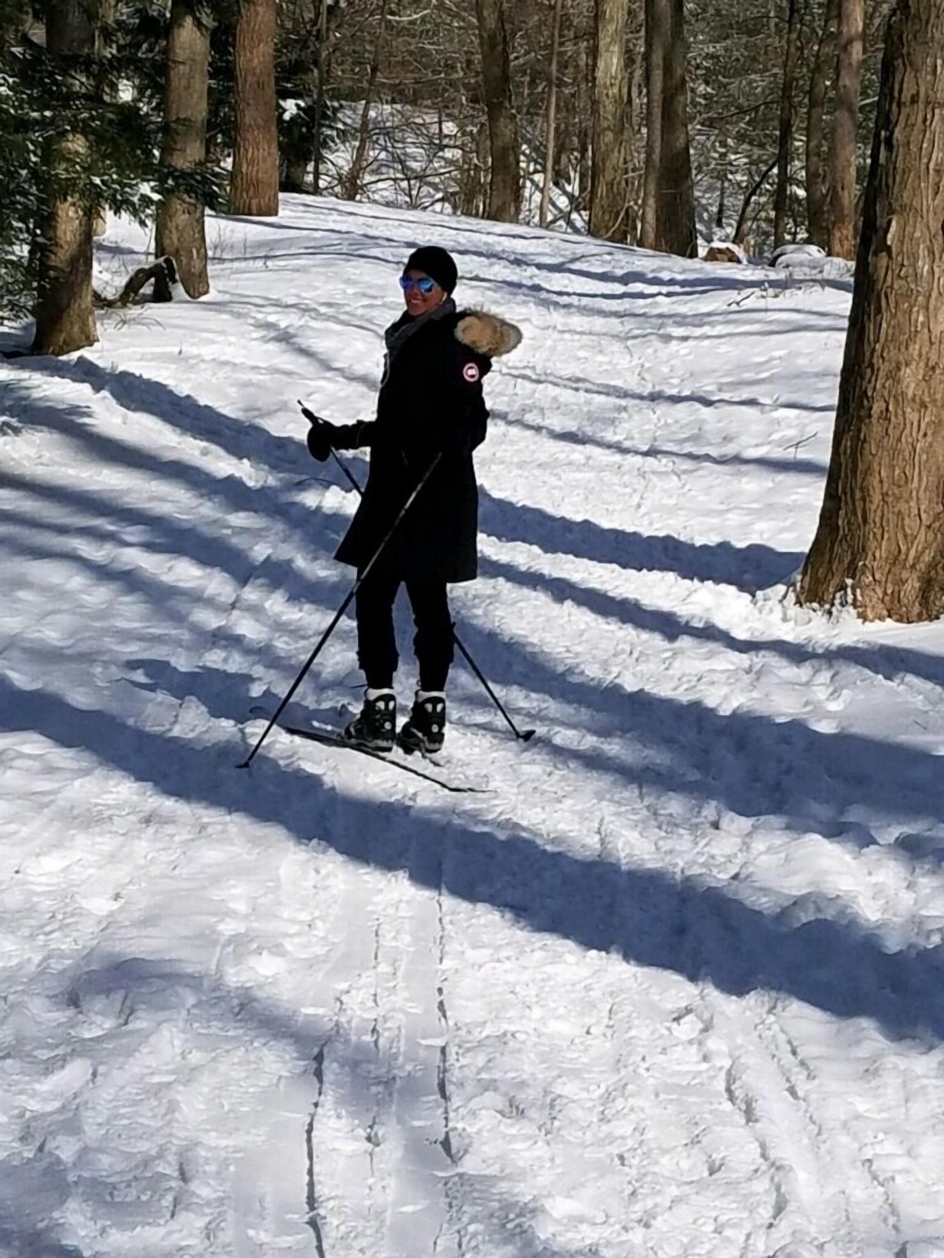 A person cross-country skiing in a snowy forest.