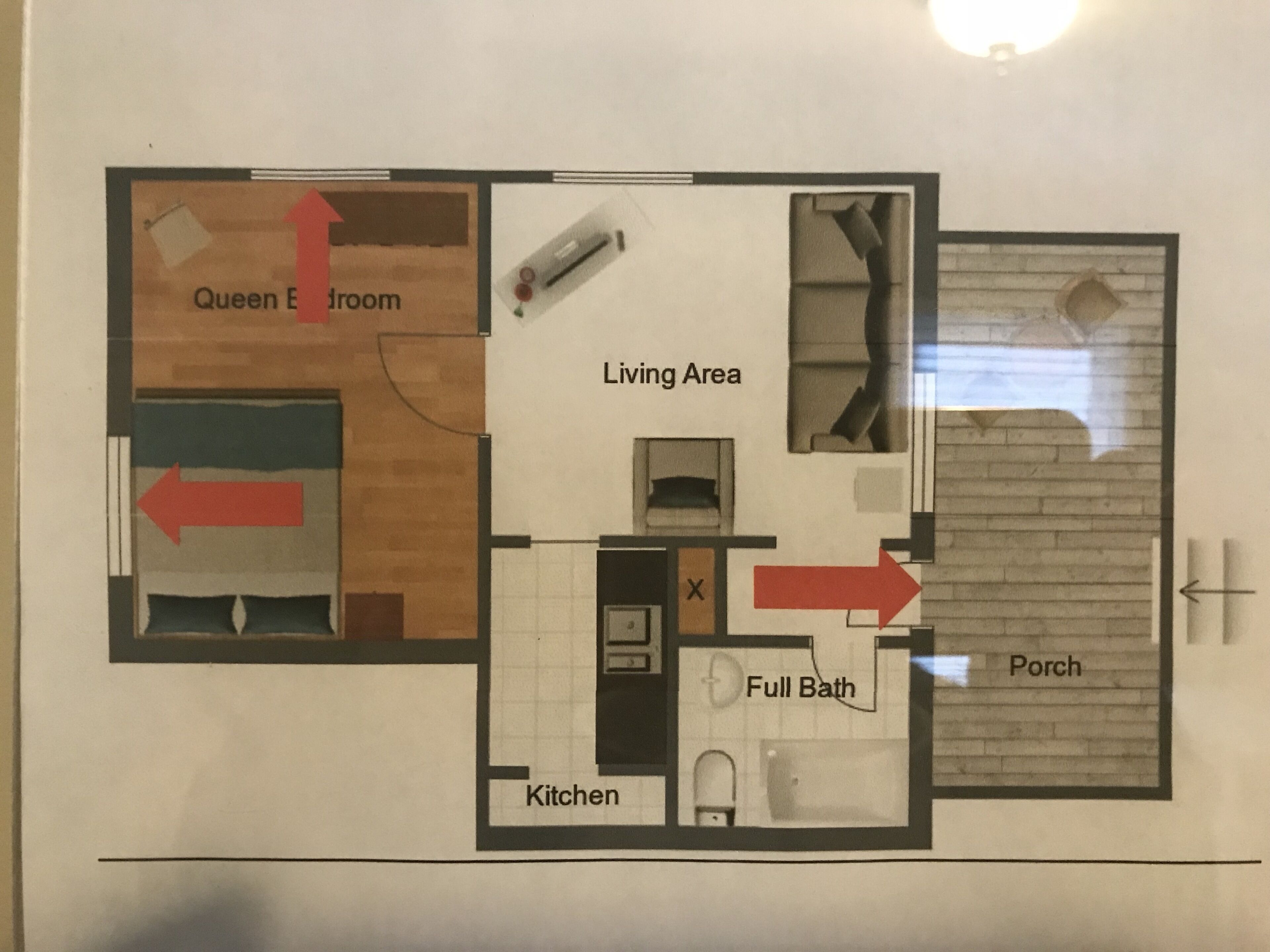 Pianta dell'abitazione con aree indicate: Camera da Letto Matrimoniale, Salotto, Bagno Completo, Cucina e Portico.