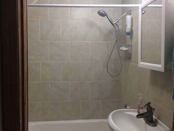 Combined shower/bathtub, hair dryer, towels, soap - Quiet 2 Bedroom, Sleeps up to 8, dog friendly. (South Haven)