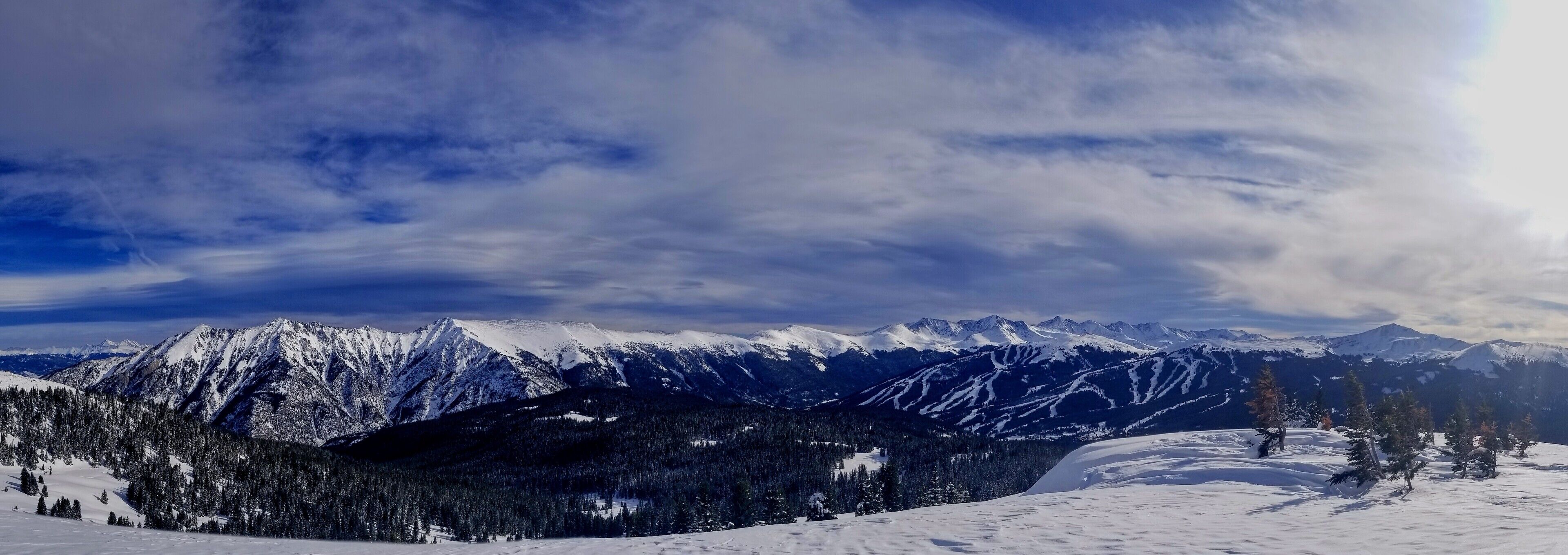 A panoramic view of snow-covered mountains with dense forests and a clear sky.