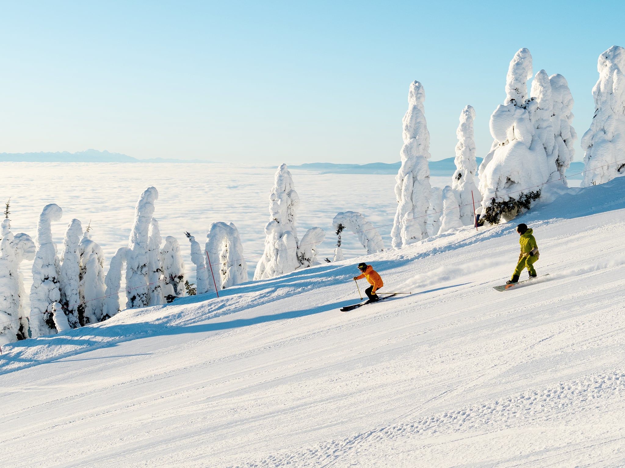 Una pista de esquí nevada bajo un cielo despejado, una persona esquiando y árboles cubiertos de nieve.