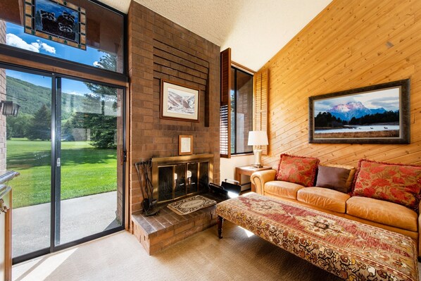 TV a schermo piatto, caminetto