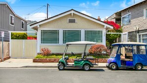 Une rue résidentielle où deux voiturettes de golf sont garées devant les maisons.