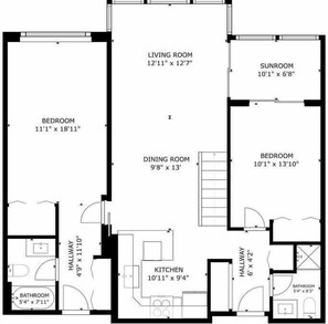 A floor plan with a living room, dining room, kitchen, two bedrooms, a sunroom, and a bathroom. - Greystone Lodge 412 Ski-in/Out by Acer Vacations (Whistler)