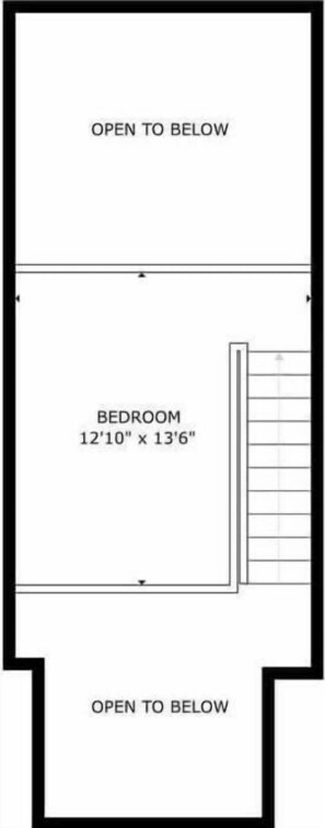 A bedroom layout with dimensions 12'10' x 13'6' and an open space below. - Greystone Lodge 412 Ski-in/Out by Acer Vacations (Whistler)
