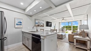 A modern kitchen with a central island, a built-in dishwasher, and a large window offering a view of the outdoors.