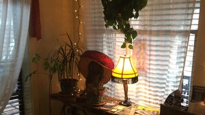 Une pièce chaleureuse avec une table, une plante suspendue et des guirlandes lumineuses.