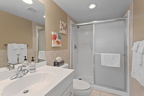 Shower, towels, soap, shampoo