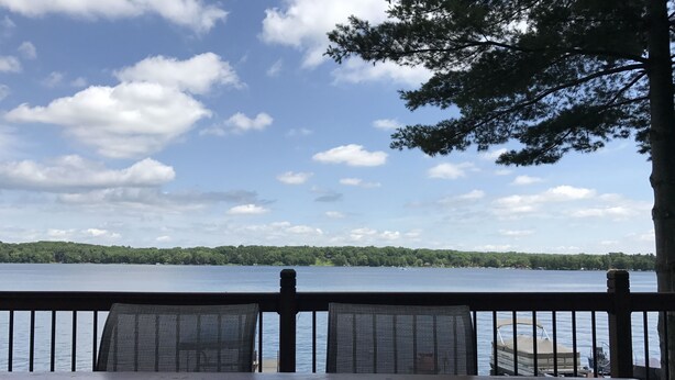 Una terraza de madera con sillas de malla que dan a un lago, rodeada de árboles y un cielo despejado.