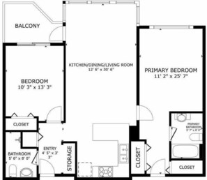 Grundriss mit Balkon, Schlafzimmer, Küche, Ess-/Wohnbereich, Hauptschlafzimmer, Abstellraum, Badezimmer, Eingangsbereich und Stauraum.