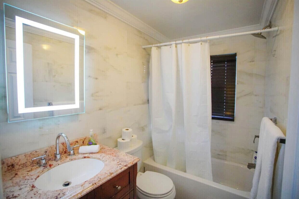 A bathroom with a marble sink, a mirror, a toilet, and a shower with a curtain.