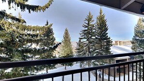 A balcony with a view of snow-covered trees and a building in the background. - 🌲Timberline A3A Premier 2-Bedroom + Loft ~ 3/bath ~Hot Tub~Pool~WiFi~Ski-in/out🌲 (Snowmass Village)