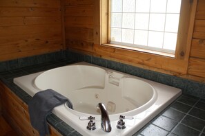 Shower, jetted tub, hair dryer, towels