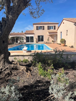 A two-story house with a swimming pool, a tree in the foreground, and a clear blue sky.