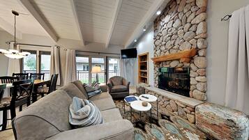 TV, fireplace, DVD player, video library
