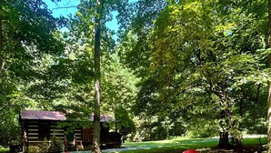 A covered outdoor seating area with red Adirondack chairs, a stone pathway, and a rustic cabin in a wooded setting.