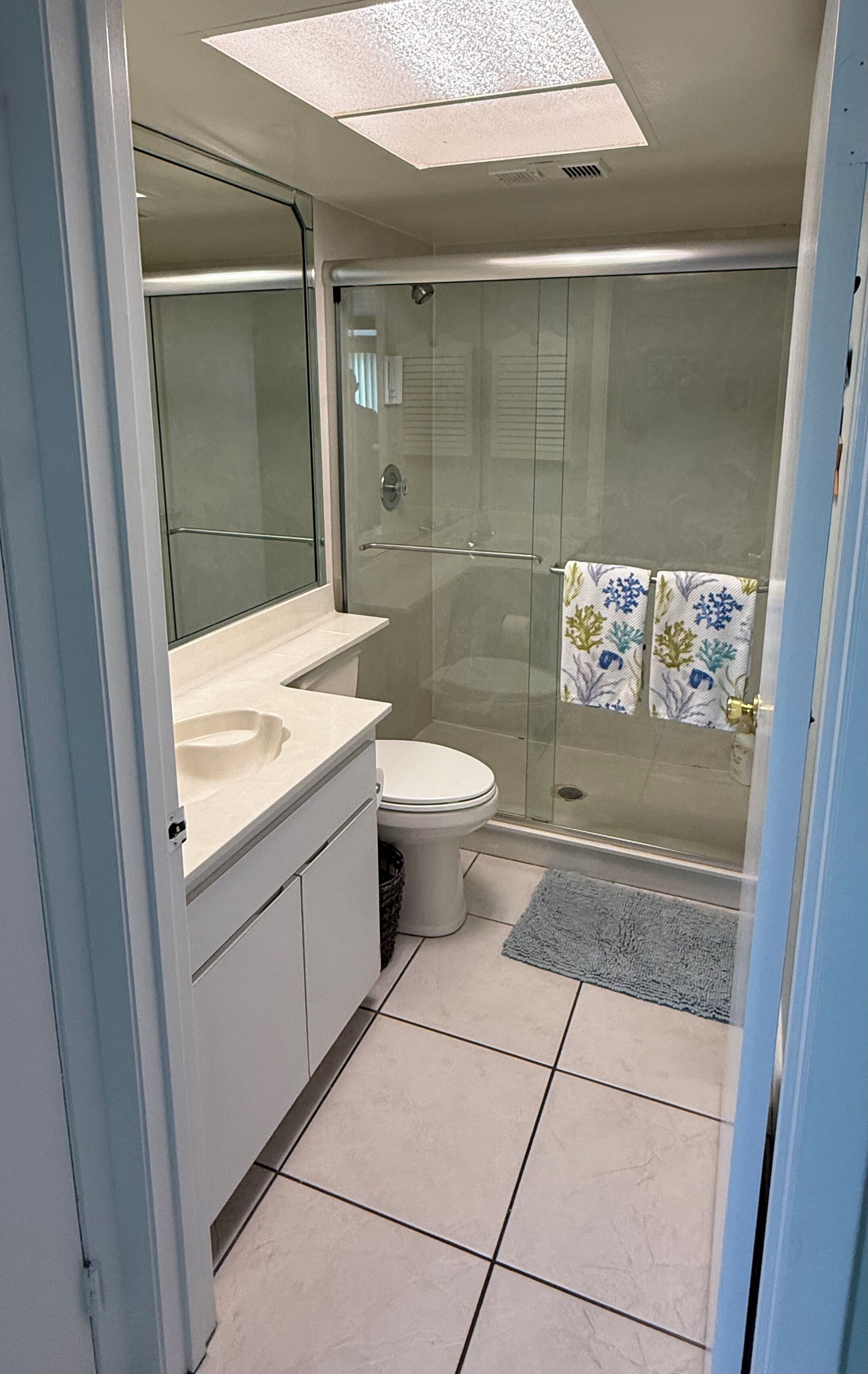 A modern bathroom with a glass shower enclosure, a white toilet, and a vanity with a mirror.