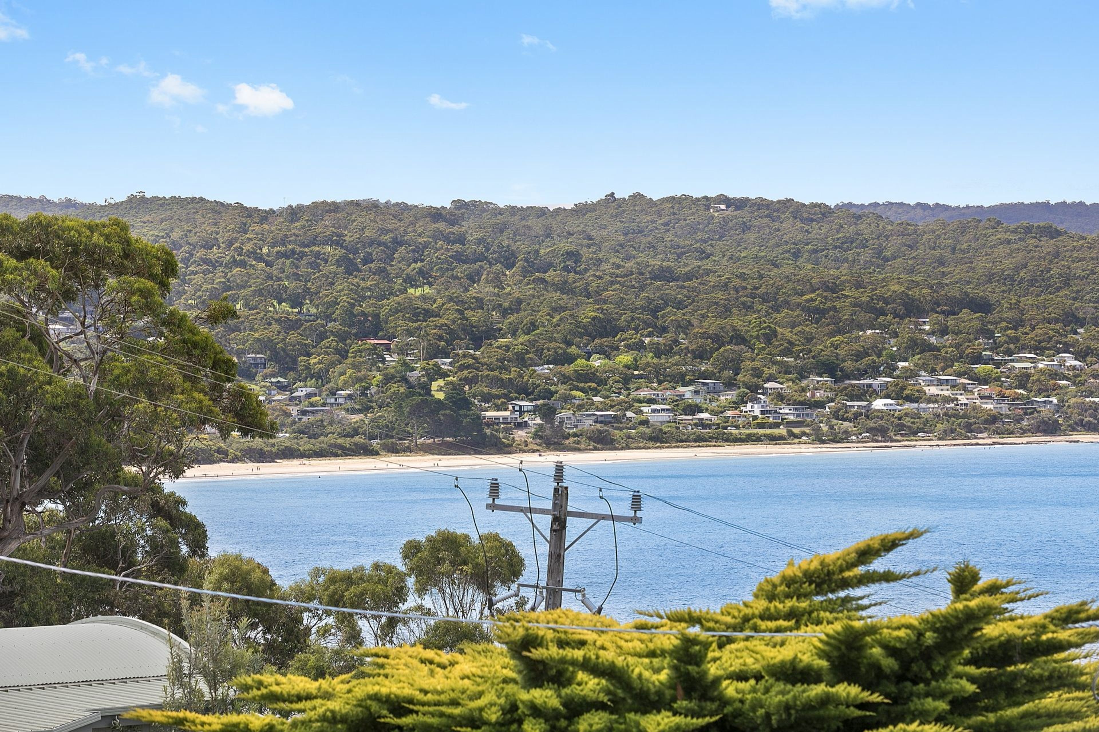 A coastal landscape with a beach, houses, and a hill with dense vegetation.