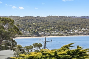 A coastal landscape with a beach, houses, and a hill with dense vegetation.