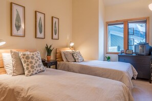 A bedroom with two beds, a dresser, a TV, and framed leaves on the wall. - Greyhawk Condo 09 - Walk to Warm Springs Lifts, Pool Sauna (Ketchum)