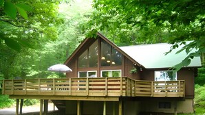 A wooden deck with a glass enclosure leading to a cabin with a green roof, surrounded by lush greenery. - Bedrooms 4, Bathrooms 2, Sleeps 8 (Linden)