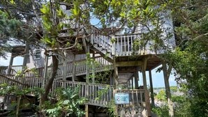 A multi-level wooden structure with a staircase, surrounded by dense foliage. - Harbor II: Pet friendly, views of both the Lighthouse and Silver Lake. (Ocracoke)