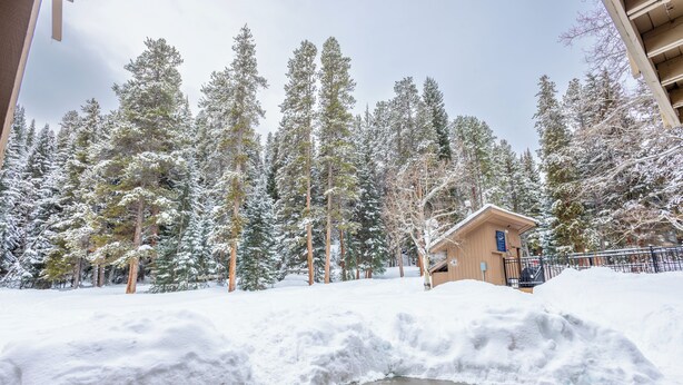 A snow-covered landscape with a wooden cabin and tall evergreen trees. - Cozy Ski-in/Walk-out condo, free wifi, & parking, great value (Copper Mountain)