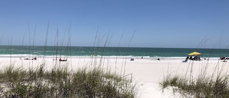 On the beach, sun-loungers