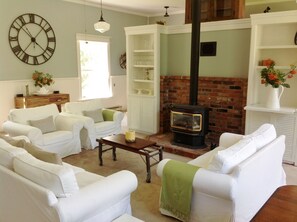 Fernseher, Kamin, Bücher, Musikbibliothek