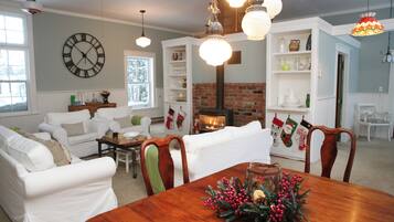 TV, fireplace, books, music library