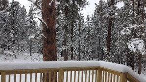 A wooden deck with a snow-covered landscape in the background. - Black Hills Get-Away! (Custer)
