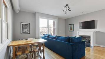 TV, fireplace, smart speakers