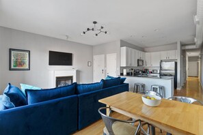 TV, fireplace, smart speakers