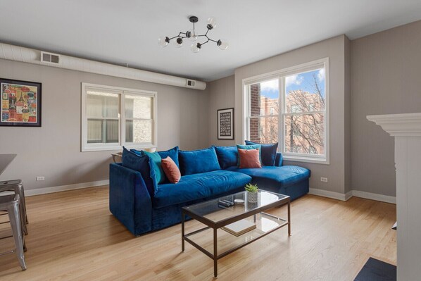 TV, fireplace, smart speakers