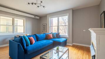 TV, fireplace, smart speakers