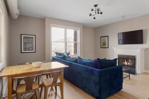 TV, fireplace, smart speakers