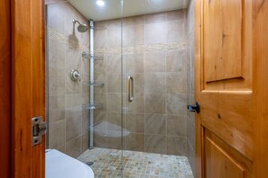 Combined shower/tub, hair dryer, towels