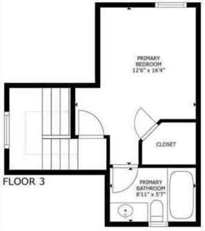 Plan dâĂ©tage dâune chambre dâhĂŽtel situĂ©e au troisiĂšme Ă©tage, comprenant une chambre principale, un placard et une salle de bain principale.