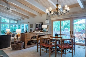 Une pièce spacieuse avec un plafond en bois, une table à manger avec des chaises, une grande fenêtre et un lustre.
