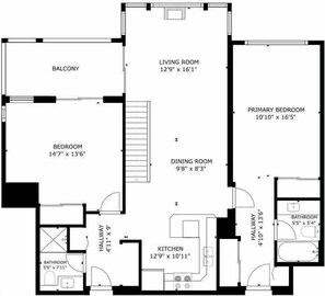Pianta degli interni con balcone, soggiorno, camera da letto principale, sala da pranzo, cucina, bagno e corridoio.